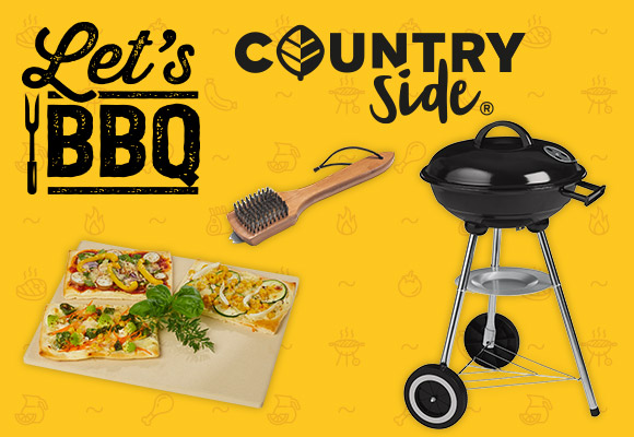 Logo: COUNTRYSIDE; Logo: Let's BBQ; Produktabbildungen: WEBER Grillbürste »6463«, COUNTRYSIDE® Pizzastein, COUNTRYSIDE® Kugelgrill