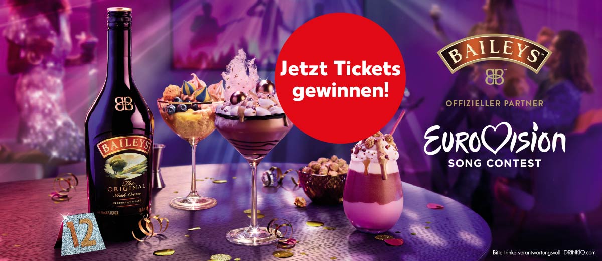 Abbildung: Verschiedene Cocktails Mit Baileys auf einem Tisch; Logo: BAILEYS OFFIZIELLER PARTNER EUROVISION SONG CONTEST; Schriftzug: Bitte trinke verantwortungsvoll | DRINKIQ.com; Störer: Jetzt Tickets gewinnen!