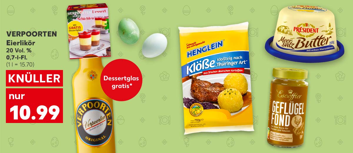 Hintergrund: Grüne Oster-Icons und Ostereier; VERPOORTEN Eierlikör, 20 Vol. %, 0,7-l-Fl. für 10.99 Euro (1 l = 15.70); Störer: Dessertglas gratis*; Weitere Produktabbildungen: HENGLEIN Kloßteig, PRÉSIDENT Meersalz-Butter, ESCOFFIER Fond