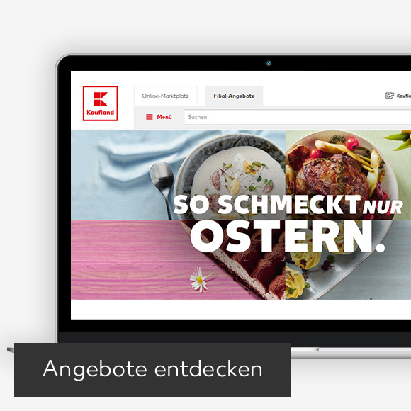 Abbildung: Laptop zeigt Sonderangebote auf Kaufland-Webseite; Button: Angebote entdecken