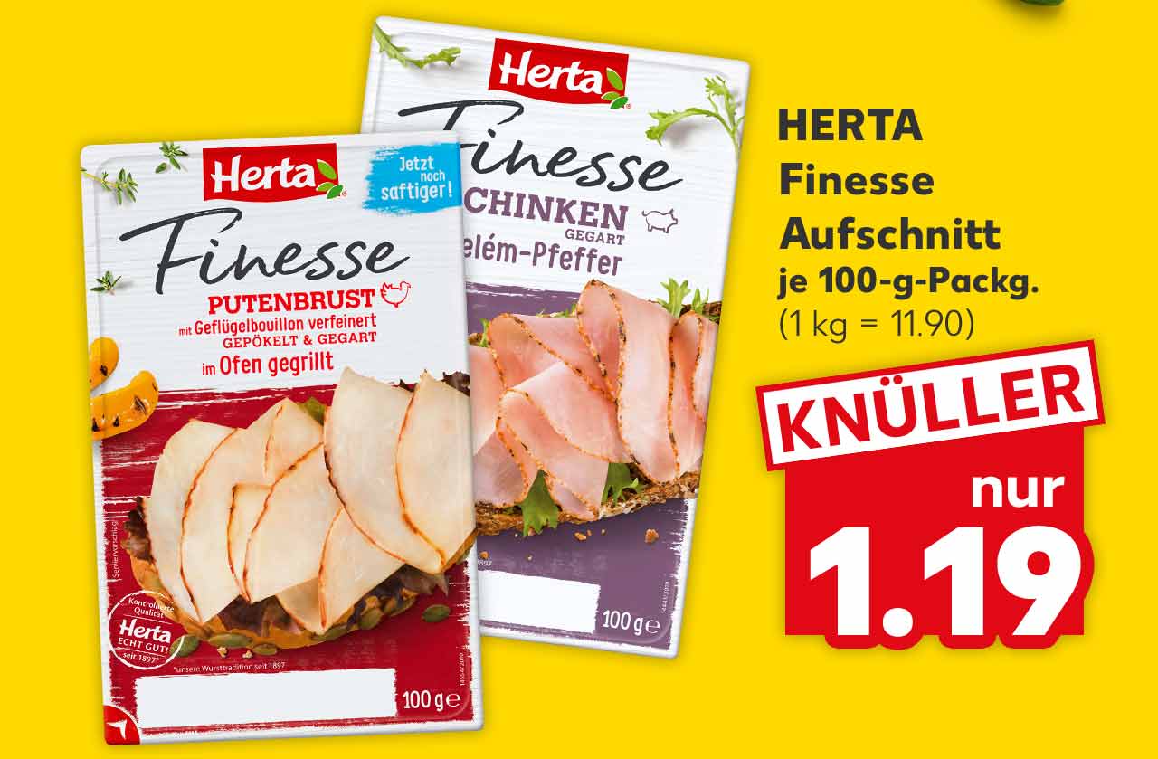 HERTA Finesse Aufschnitt, versch. Sorten, je 100-g-Packg. für 1.19 Euro (1 kg = 11.90)