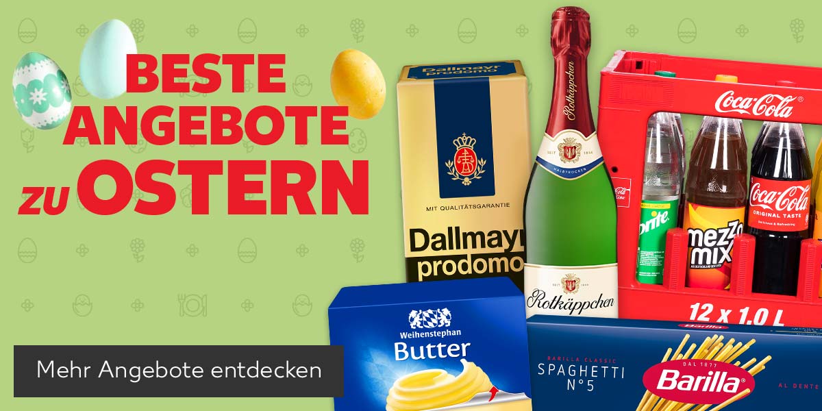 Schriftzug und Ostereier: BESTE ANGEBOTE ZU OSTERN; Produktabbildungen: DALLMAYR Prodomo, WEIHENSTEPHAN Butter oder Die Streichzarte, ROTKÄPPCHEN Sekt oder Fruchtsecco, COCA-COLA, FANTA, SPRITE oder MEZZO MIX, BARILLA Pasta; Button: Mehr Angebote entdecken