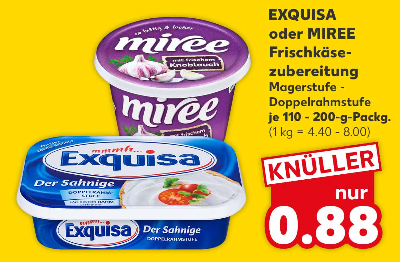 EXQUISA oder MIREE Frischkäsezubereitung, versch. Sorten, Magerstufe - Doppelrahmstufe, je 110 - 200-g-Packg. für 0.88 Euro (1 kg = 4.40 - 8.00)