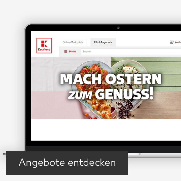 Abbildung: Laptop zeigt Osterangebote auf Kaufland-Webseite; Button: Angebote entdecken