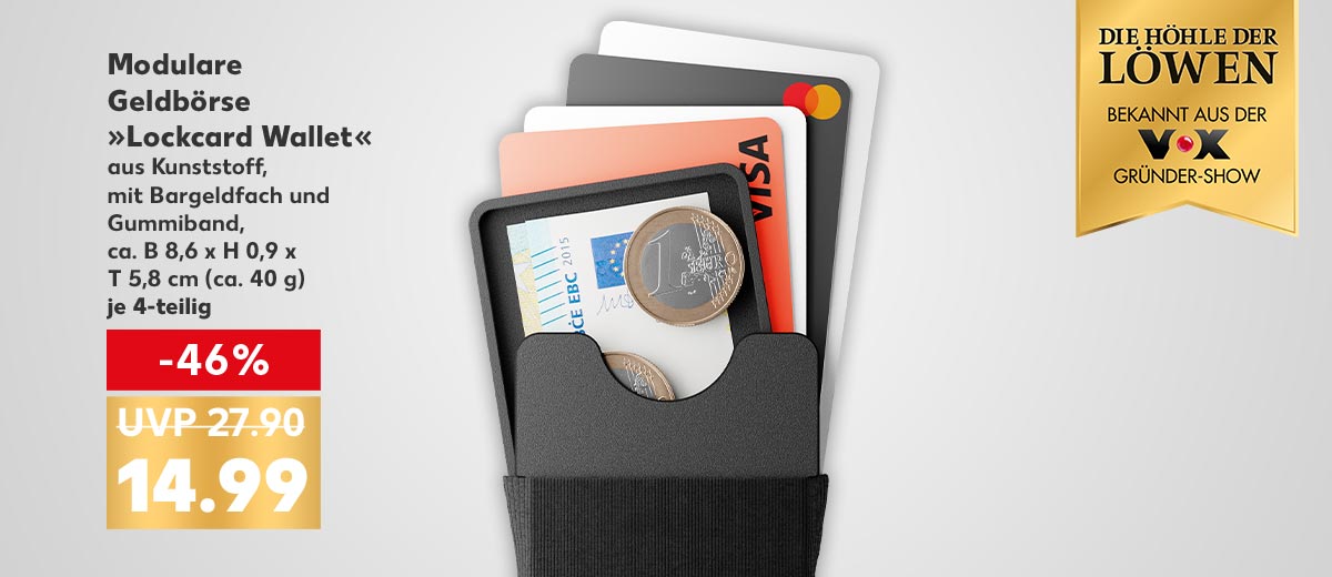 Logo: DIE HÖHLE DER LÖWEN, BEKANNT AUS DER VOX GRÜNDER-SHOW; Produktabbildung: Modulare Geldbörse »Lockcard Wallet«, aus Kunststoff, mit Bargeldfach und Gummiband, ca. B 8,6 x H 0,9 x T 5,8 cm (ca. 40 g) je 4-teilig für 14.99 Euro (UVP 27.90 Euro) 
