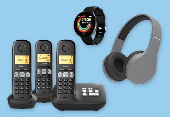 Produktabbildungen: GIGASET DECT-Trio-Telefon »A275A«, JAYTECH Fitnesstracker »FTY 18«, DENVER Bluetooth-Kopfhörer »BTH-240K«