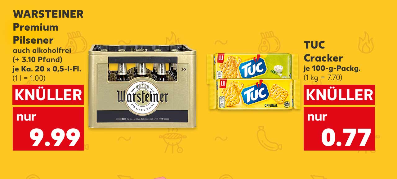 WARSTEINER Premium Pilsener, auch alkoholfrei, (+ 3.10 Pfand), je Ka. 20 x 0.5-l-Fl. für 9.99 Euro (1 l = 1.00); TUC Cracker, versch. Sorten, je 100-g-Packg. für 0.77 Euro (1 kg = 7.70)