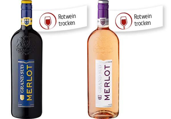 GRAND SUD Merlot, Merlot Rosé, Chardonnay oder Grenache, versch. Sorten; Fähnchen an den Flaschen: Rotwein trocken, Rotwein trocken