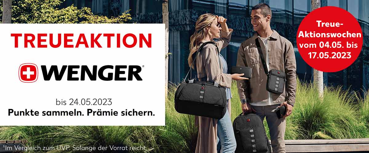 Schriftzug: TREUEAKTION WENGER bis 24.05.2023 Punkte sammeln. Prämie sichern. Abbildung: Eine Frau und ein Mann tragen mehrere Produkte von Wenger; Störer: Treue-Aktionswochen vom 04.05. bis 17.05.2023; ¹ Im Vergleich zum UVP. Nur solange der Vorrat reicht.