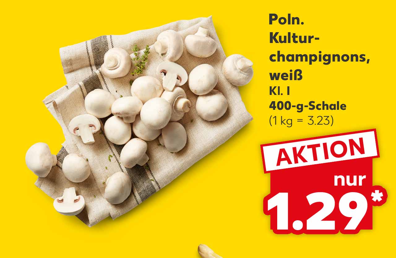 Poln. Kulturchampignons, weiß, Kl. I, 400-g-Schale für 1.29 Euro* (1 kg = 3.23)