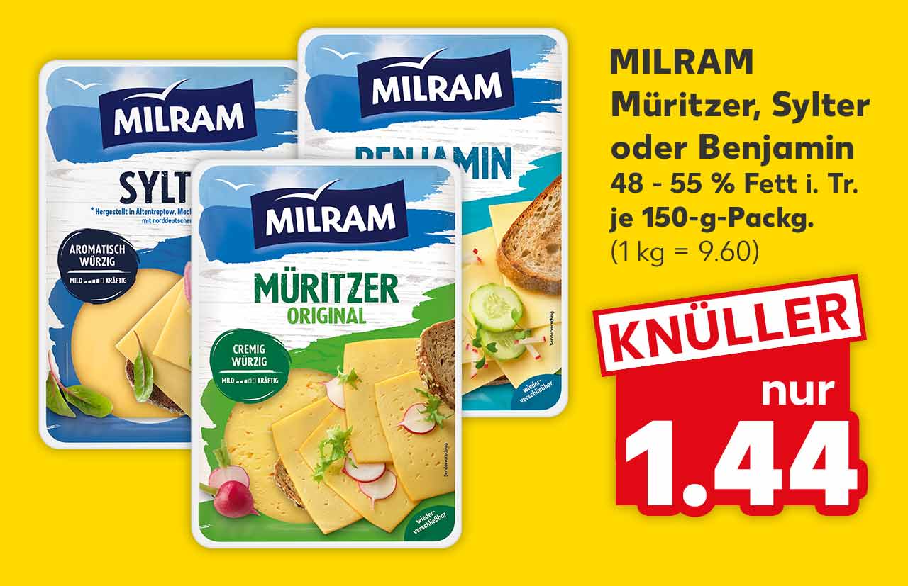 MILRAM Müritzer, Sylter oder Benjamin, versch. Sorten, 48 - 55 % Fett i. Tr., je 150-g-Packg. für 1.44 Euro (1 kg = 9.60)