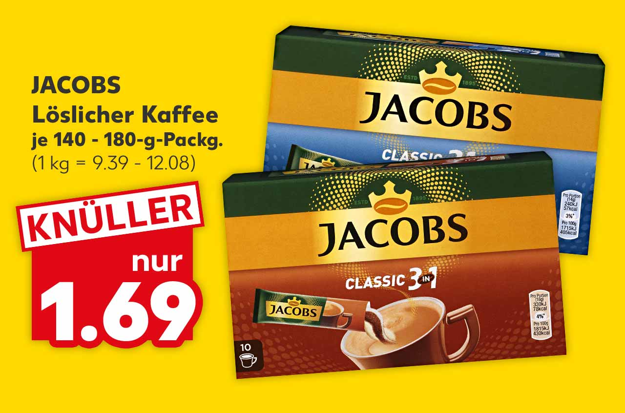 JACOBS Löslicher Kaffee, versch. Sorten, je 140 - 180-g-Packg. für 1.69 Euro (1 kg = 9.39 - 12.08)