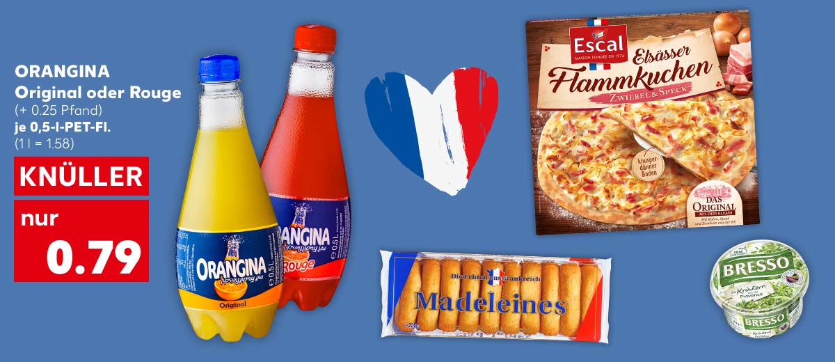 ORANGINA Original oder Rouge, versch. Sorten, (0.25 Pfand), je 0,5-l-PET-Fl. für 0.79 Euro (1 l = 1.58); Weitere Produktabbildungen: PICO FOOD Madeleines, ESCAL Flammkuchen, BRESSO Frischkäse oder Frischkäsezubereitung 