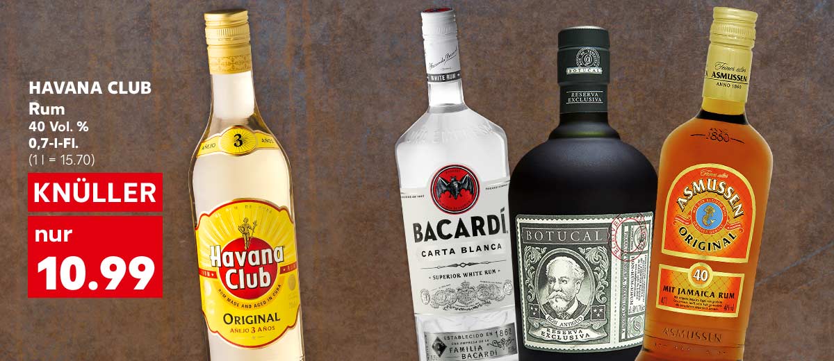 HAVANA CLUB Rum, 40 Vol. %, 0,7-l-Fl. für 10.99 Euro (1 l = 15.70); Weitere Produktabbildungen: BACARDI Carta Blanca Superior White oder Spiced Rum, BOTUCAL Reserva Exclusiva Rum, ASMUSSEN Rum 40