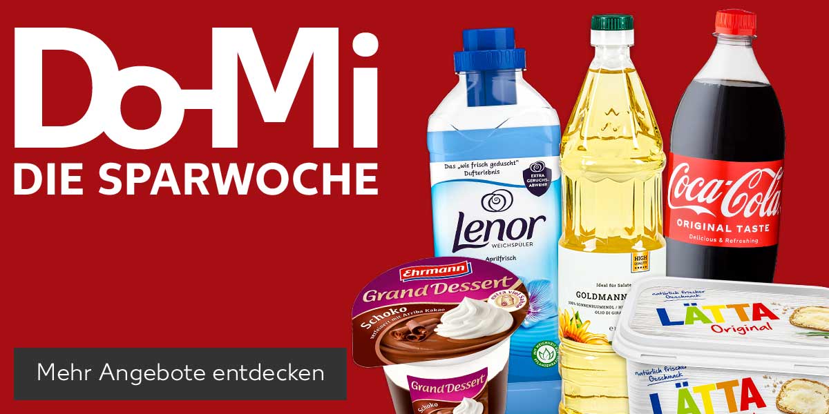 Schriftzug: Do-Mi DIE SPARWOCHE; Produktabbildungen: LENOR Weichspüler, EHRMANN Grand Dessert, Sonnenblumenöl, COCA-COLA, FANTA, SPRITE oder MEZZO MIX, LÄTTA Original oder Joghurt ; Button: Mehr Angebote entdecken