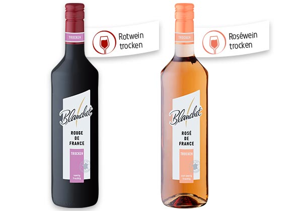 BLANCHET Blanc de Blancs, Rouge oder Rosé de France, versch. Sorten; Fähnchen an den Flaschen: Rotwein trocken, Roséwein trocken