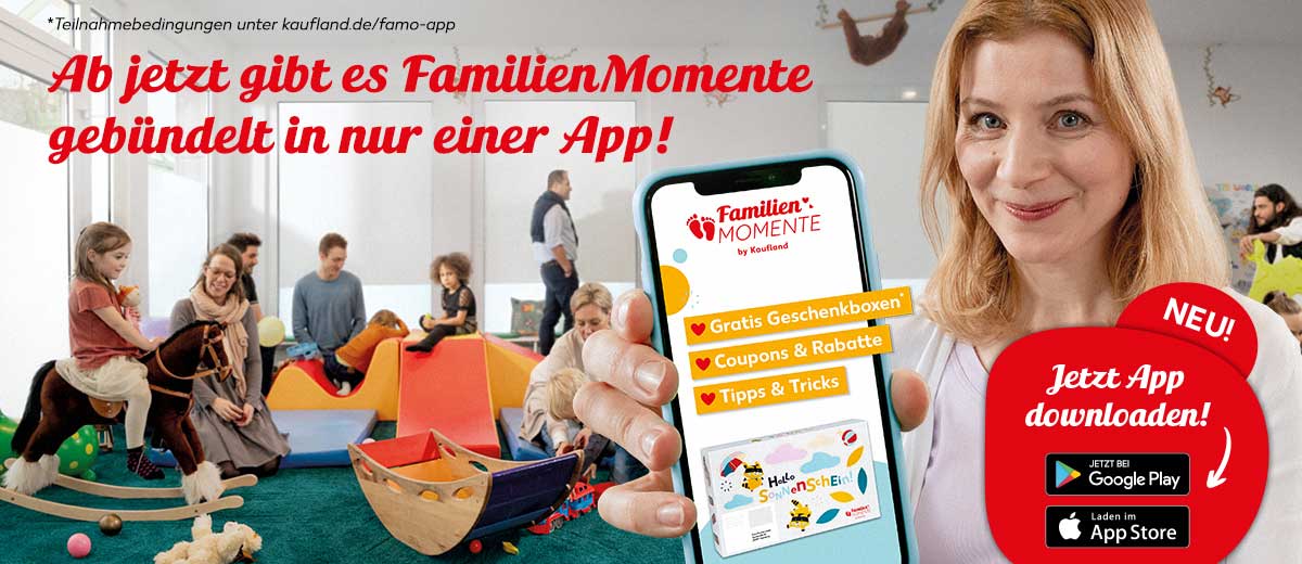 Schriftzug: Ab jetzt gibt es FamilienMomente gebündelt in nur einer App!; Abbildung: Smartphone mit FamilienMomente App mit einer Geschenkbox; Störer: Gratis Geschenkboxen, Coupons & Rabatte, Tipps & Tricks; Störer: NEU! Jetzt App downloaden! ¹nach Registrierung für ein Kaufland Kundenkonto und Anmeldung bei FamilienMomente einmalig zur Geburt und zu den ersten vier Geburtstagen deines Kindes.