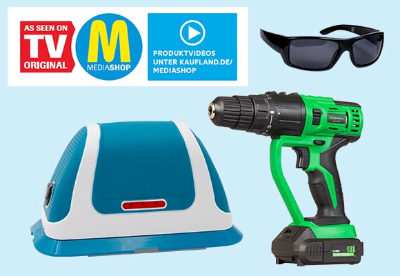 Logo: Mediashop: Produktabbildungen: LIVINGTON Akku-Schrubber »MultiScrubber«, HAMMERSMITH Multitool, Polarisierende Sonnenbrille »HD PolarView«