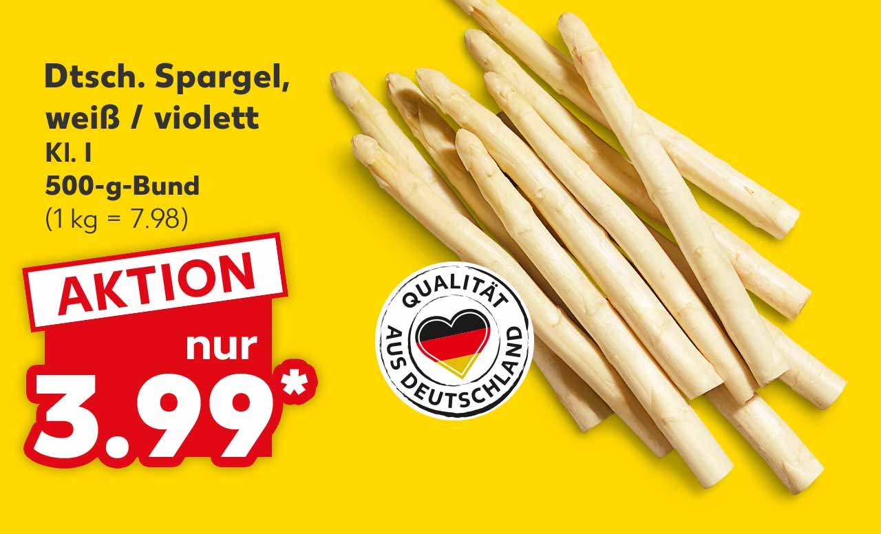 Dtsch. Spargel weiß / violett, Kl. I, 500-g-Bund für 3.99 Euro* (1 kg = 7.98); Logo: QUALITÄT AUS DEUTSCHLAND