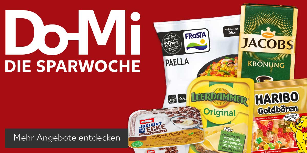 Schriftzug: Do-Mi DIE SPARWOCHE; Produktabbildungen: MÜLLER Joghurt mit der Ecke, FROSTA Fertiggerichte, LEERDAMMER Holl. Schnittkäse, JACOBS oder CAFÉ HAG Kaffee, HARIBO Fruchtgummis oder Lakritz; Button: Mehr Angebote entdecken