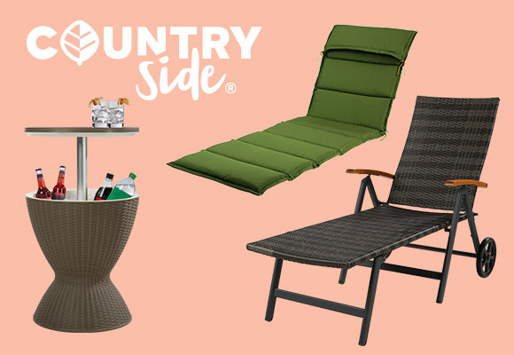 Logo: COUNTRYSIDE®; Produktabbildungen: COUNTRYSIDE® Beistelltisch mit Kühlfunktion, COUNTRYSIDE® Sonnenliege, COUNTRYSIDE® Polsterauflagen