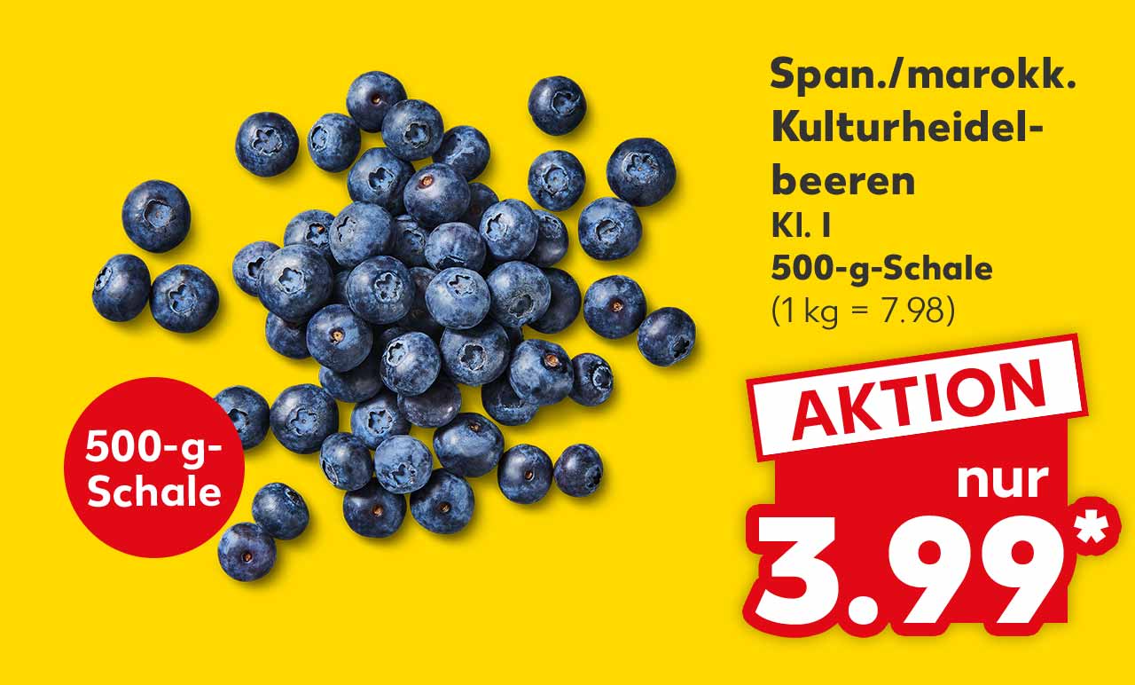 Span./marokk. Kulturheidelbeeren, Kl. I, 500-g-Schale für 3.99 Euro* (1 kg = 7.98); Störer: 500-g-Schale
