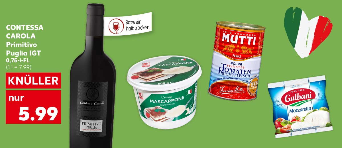 CONTESSA CAROLA Primitivo Puglia IGT, 0,75-l-Fl. für 5.99 Euro (1 l = 7.99); Fähnchen an der Flasche: Rotwein halbtrocken; Weitere Produktabbildungen: K-CLASSIC Mascarpone, K-CLASSIC Mozzarella-Sticks, GALBANI Mozzarella Classic