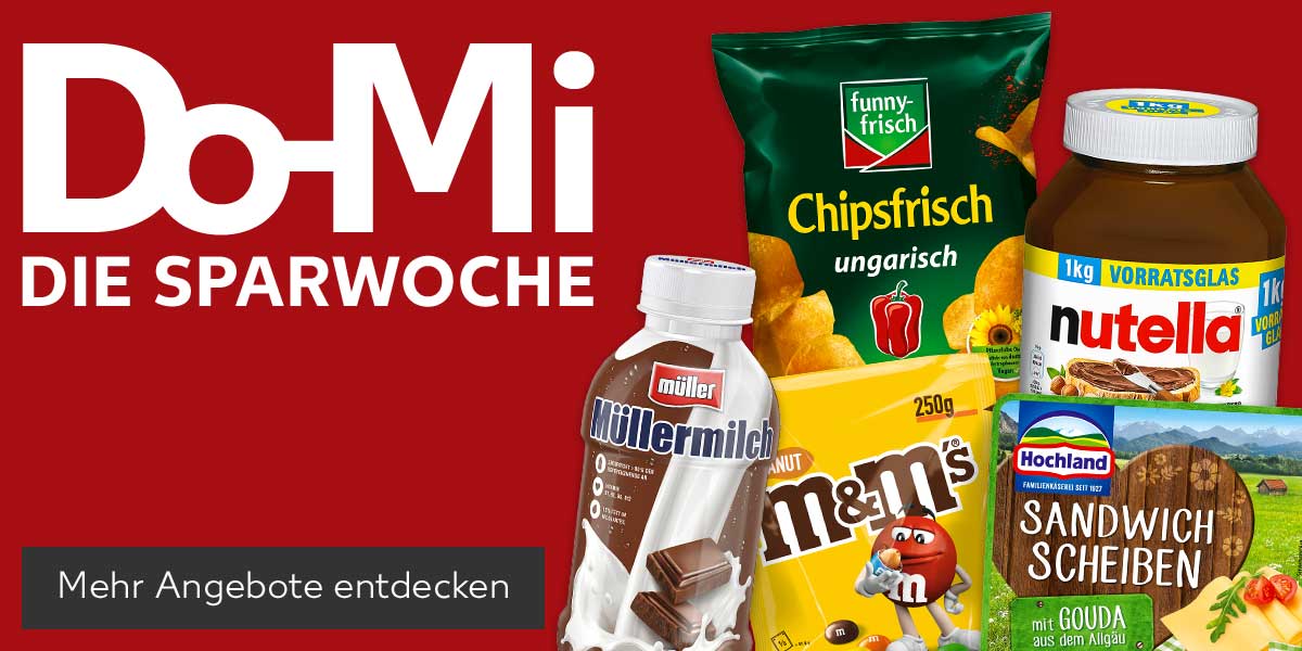 Schriftzug: Do-Mi DIE SPARWOCHE; Produktabbildungen: MÜLLER Müllermilch, FUNNY-FRISCH Chipsfrisch, M&M's Schokolinsen, NUTELLA Nuss-Nugat-Creme, HOCHLAND Schmelzkäse; Button: Mehr Angebote entdecken
