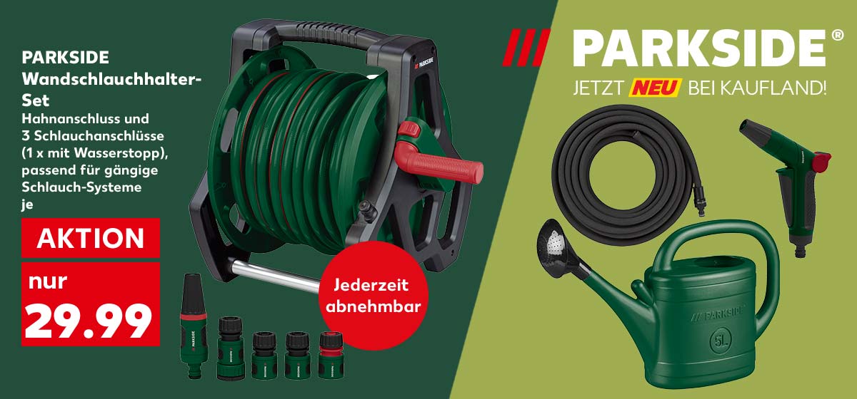 Logo: PARKSIDE®; PARKSIDE Wandschlauchhalter-Set, Hahnanschluss und 3 Schlauchanschlüsse (1 x mit Wasserstopp), passend für gängige Schlauch-Systeme, je für 29.99 Euro; Störer: Jederzeit abnehmbar; Weitere Produktabbildungen: PARKSIDE Perlschlauch, PARKSIDE Gießkanne, PARKSIDE Gartenspritze 