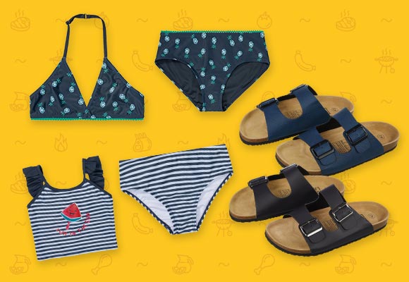 Produktabbildungen: KUNIBOO® Tankini oder Bikini, OYANDA®/ TOWNLAND® Tieffußbett-Pantoletten
