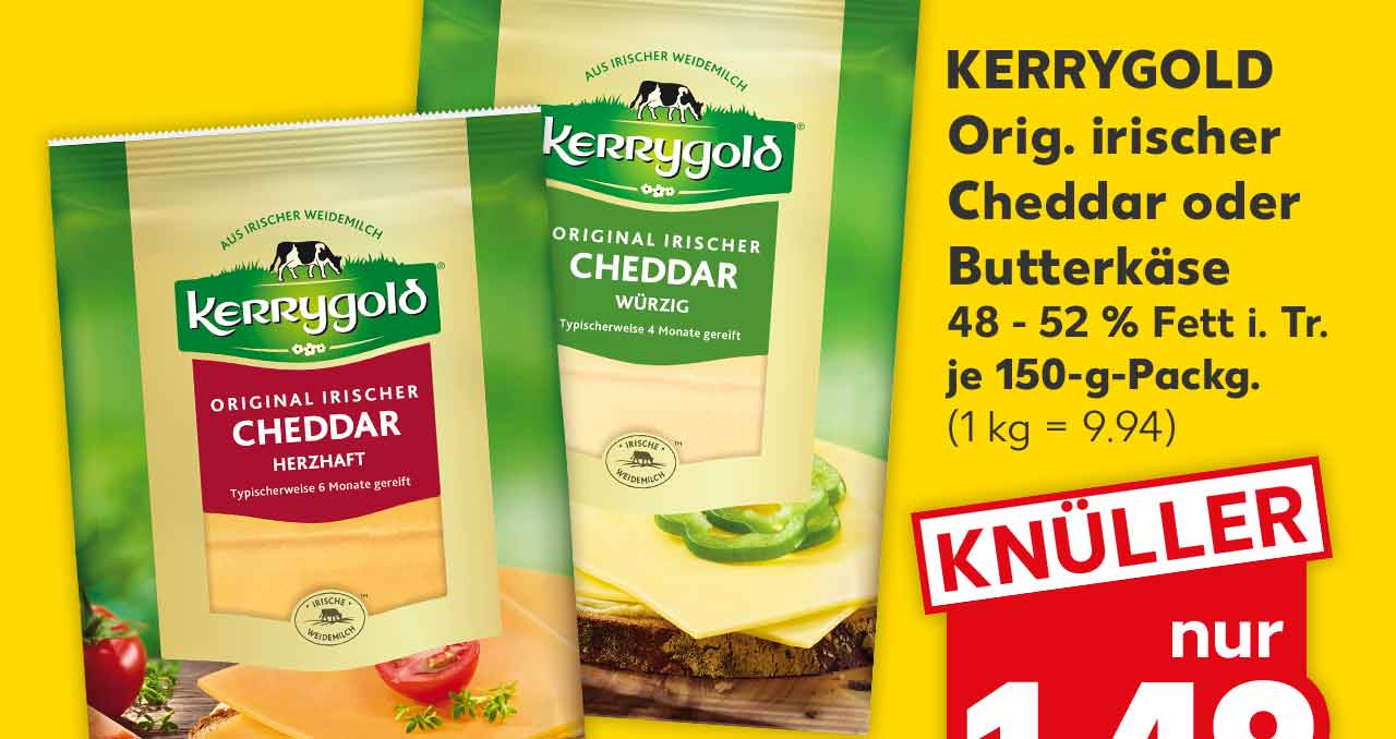 KERRYGOLD Orig. irischer Cheddar oder Butterkäse, versch. Sorten, 48 - 52 % Fett i. Tr., je 150-g-Packg. für 1.49 Euro (1 kg = 9.94)