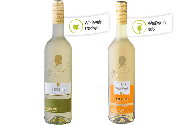 MAYBACH Qualitätswein, versch. Sorten; Fähnchen an jeweiligen Flaschen: Weißwein trocken, Weißwein süß