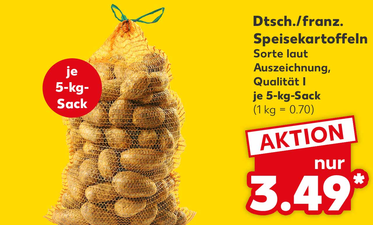 Dtsch./franz. Speisekartoffeln, Sorte laut Auszeichnung, Qualität I, je 5-kg-Sack für 3.49 Euro* (1 kg = 0.70); Störer: je 5-kg-Sack