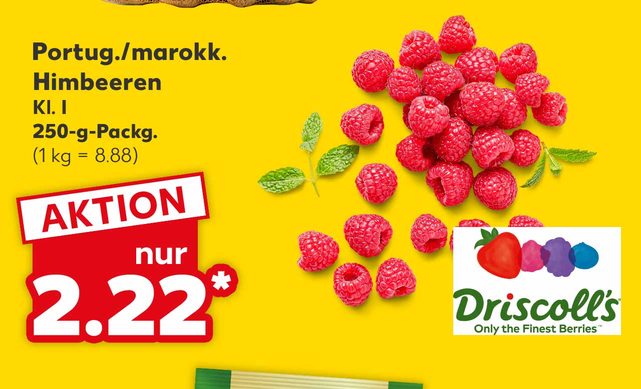 Portug./marokk. Himbeeren, Kl. I, 250-g-Packg. für 2.22 Euro* (1 kg = 8.88); Logo: Driscoll's
