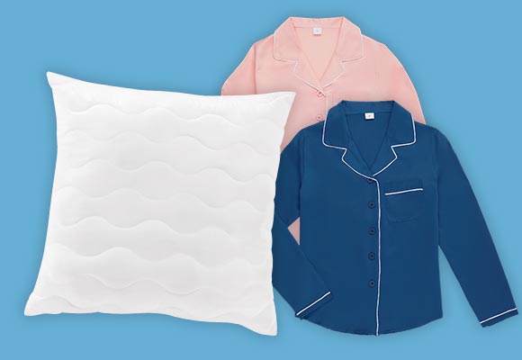 Produktabbildungen: LIV&BO® FENC® TopCool® Kopfkissen, OYANDA® Satin-Pyjama