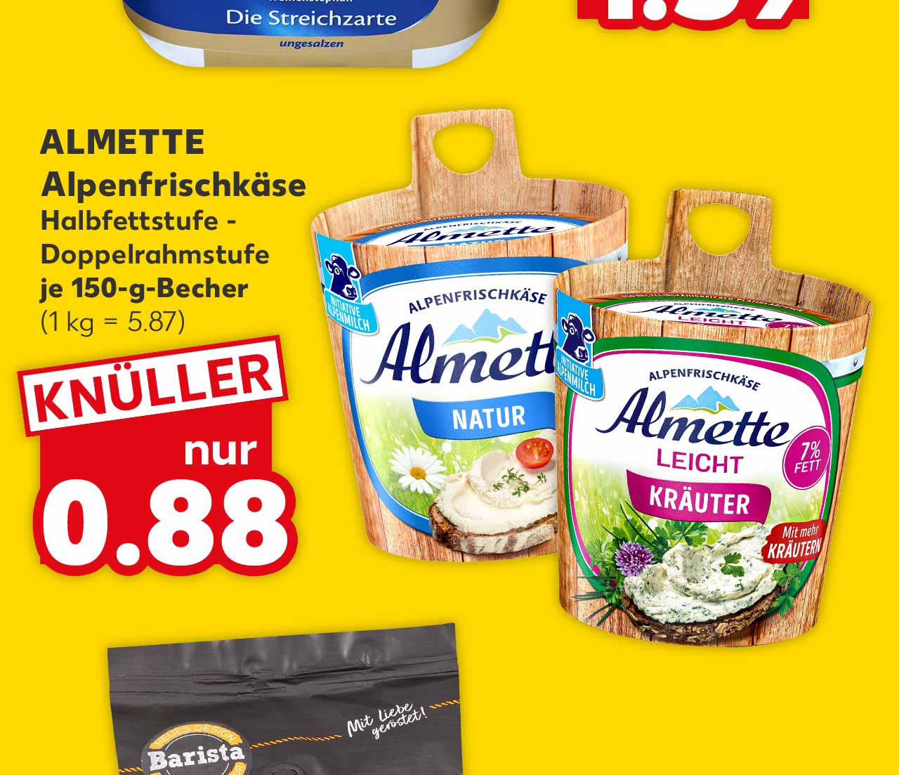 ALMETTE Alpenfrischkäse, versch. Sorten, Halbfettstufe - Doppelrahmstufe, je 150-g-Becher für 0.88 Euro (1 kg = 5.87)