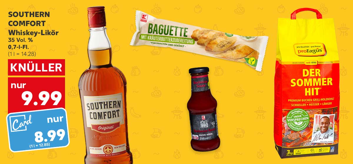 SOUTHERN COMFORT Whiskey-Likör, 35 Vol. %, 0,7-l-Fl. für 9.99 Euro (1 l = 14.28); Kaufland Card Preis: 8.99 Euro (1 l = 12.85); Weitere Produktabbildungen: K-CLASSIC Baguette, K-CLASSIC Grillsauce, PROFAGUS Premium-Grillholzkohle oder -briketts