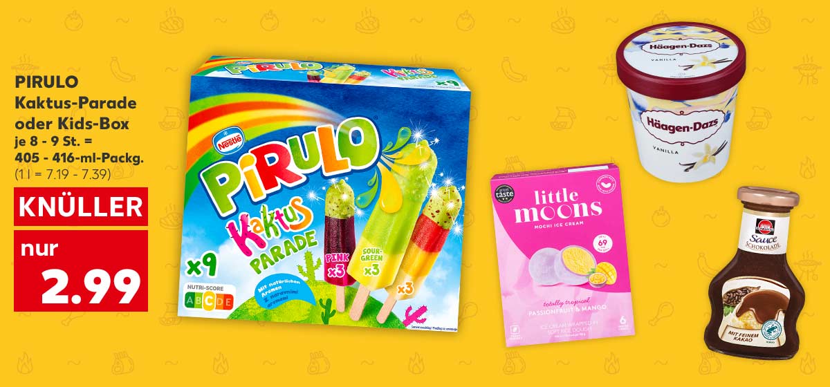 PIRULO Kaktus-Parade oder Kids-Box, je 8 - 9 St. = 405 - 416-ml-Packg. für 2.99 Euro (1 l = 7.19 - 7.39); Weitere Produktabbildungen: LITTLE MOONS Mochi Ice Cream, HÄAGEN-DAZS Eiscreme, SCHWARTAU Dessertsauce