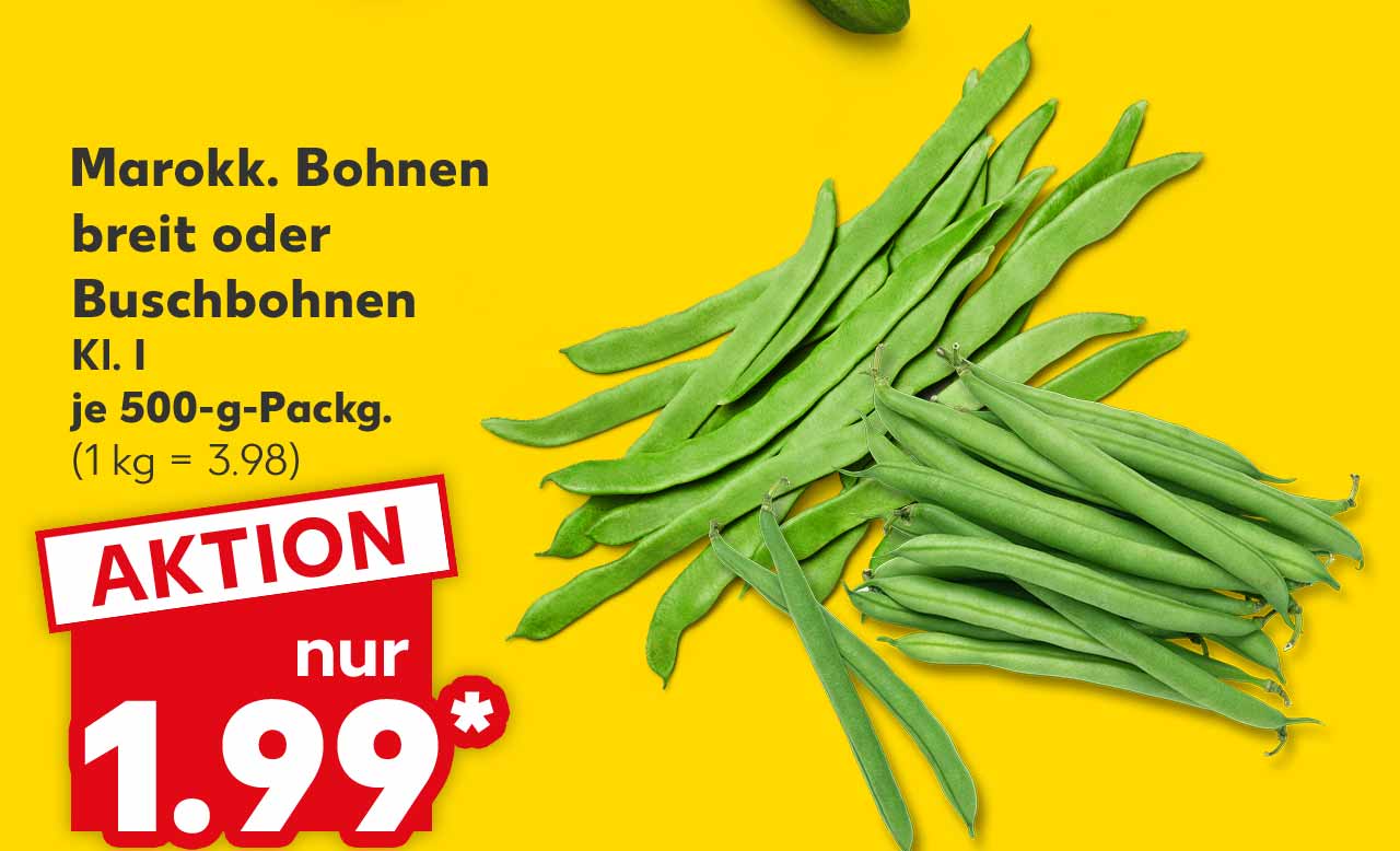 Marokk. Bohnen breit oder Buschbohnen, Kl. I, je 500-g-Packg. für 1.99 Euro* (1 kg = 3.98)