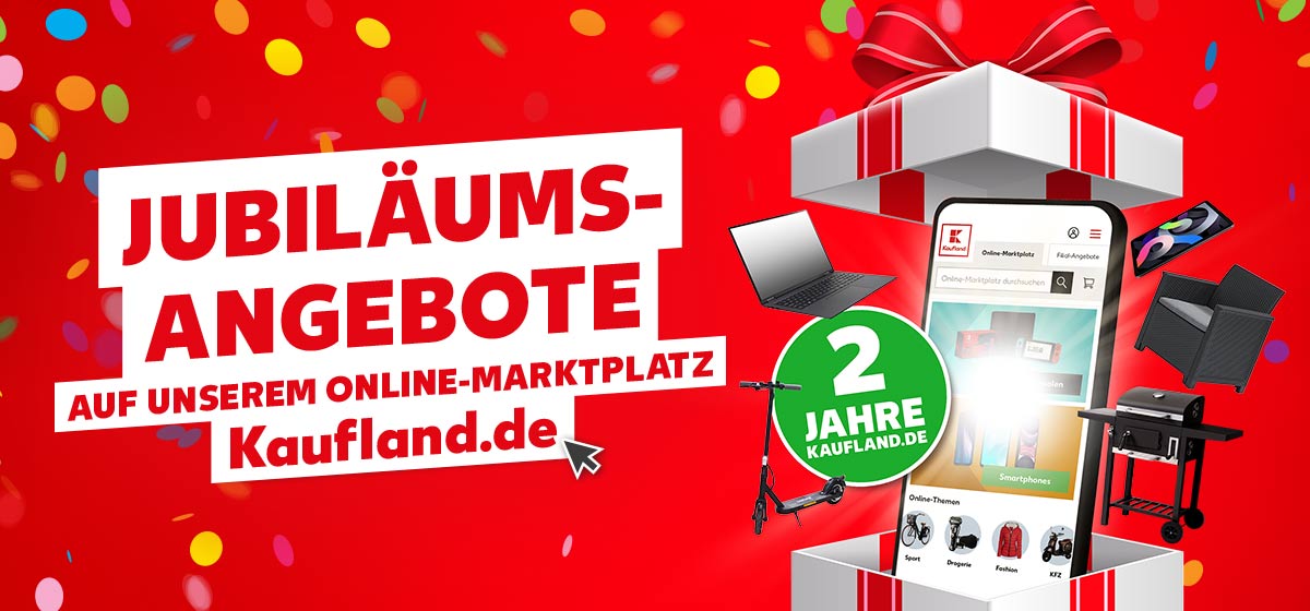 Schriftzug: JUBILÄUMS-ANGEBOTE AUF UNSEREM ONLINE-MARKTPLATZ Kaufland.de; Störer: 2 JAHRE KAUFLAND.DE; Abbildung: Geschenk mit verschiedenen Jubiläums-Angeboten