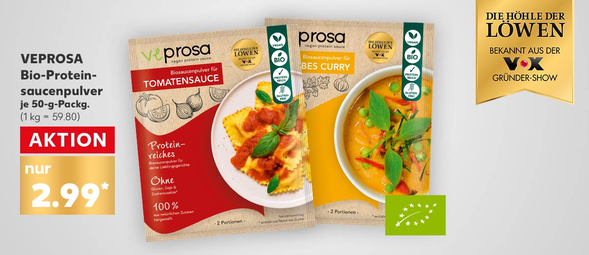 VEPROSA Bio-Proteinsaucenpulver, versch. Sorten, je 50-g-Packg. für 2.99 Euro* (1 kg = 59.80); Logo: EU-Bio