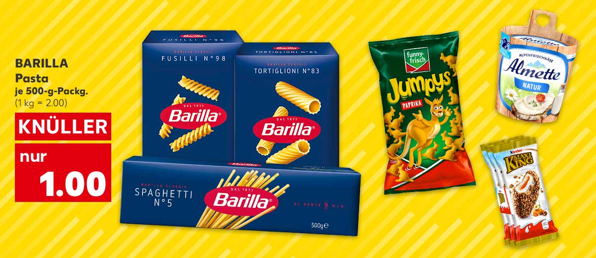 BARILLA Pasta, versch. Sorten, je 500-g-Packg. für 1.00 (1 kg = 2.00); Weitere Produktabbildungen: FUNNY-FRISCH Knuspersnack, KINDER Maxi King oder Pingui Strawberry Melody, ALMETTE Alpenfrischkäse