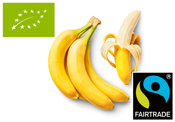 Ecuador./peruan. Bio-Bananen; Logo: EU-Bio; Logo: FAIRTRADE