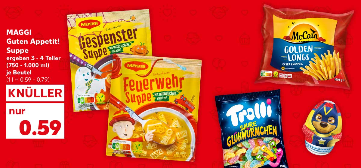 MAGGI Guten Appetit Suppe, versch. Sorten, ergeben 3 - 4 Teller, (750 - 1.000 ml), je Beutel für 0.59 Euro (1 l = 0.59 - 0.79); Weitere Produktabbildungen: TROLLI Fruchtgummis, MCCAIN Golden Longs, KIDSWORLD Puddingdessert