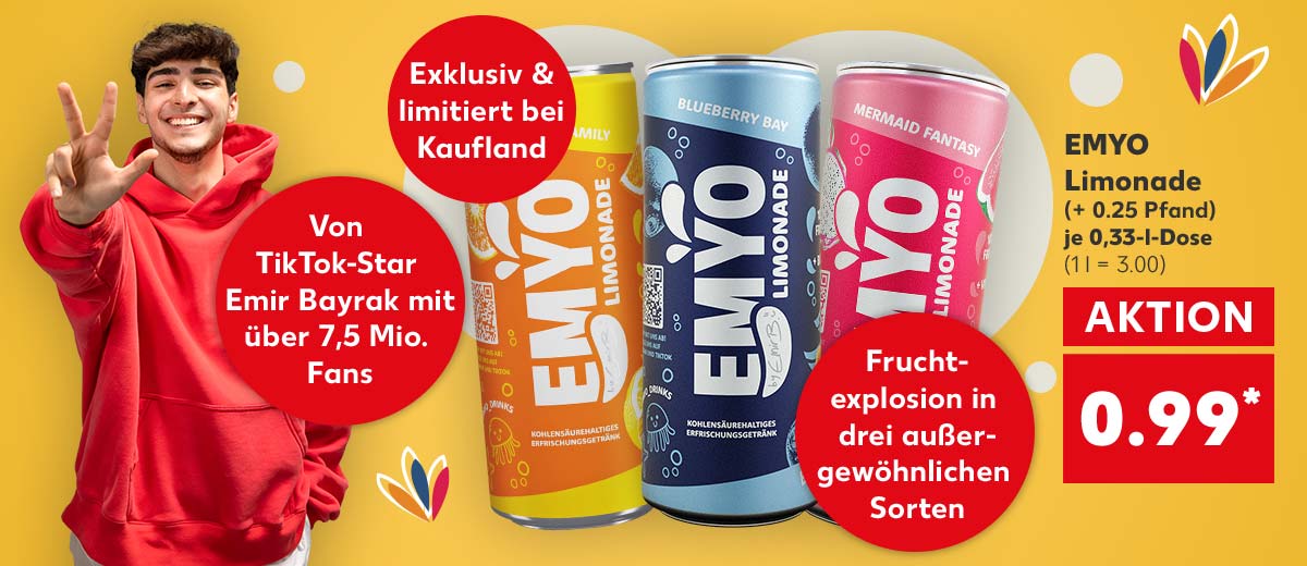 EMYO Limonade, versch. Sorten, (+ 0.25 Pfand), je 0,33-l-Dose für 0.99 Euro (1 l = 3.00); Abbildung: Emir Bayrak; Störer: Exklusiv & limitiert bei Kaufland; Störer: Von TikTok-Star Emir Bayrak mit über 7,5 Mio. Fans; Störer: Fruchtexplosion in drei außergewöhnlichen Sorten