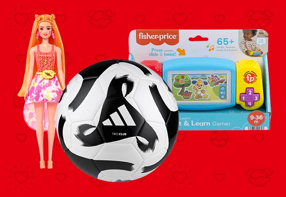 Produktabbildungen: BARBIE Color Reveal Chelsea Picknick, ADIDAS Fußball »Tiro Club«, FISHER-PRICE Twist&Learn-Gamer
