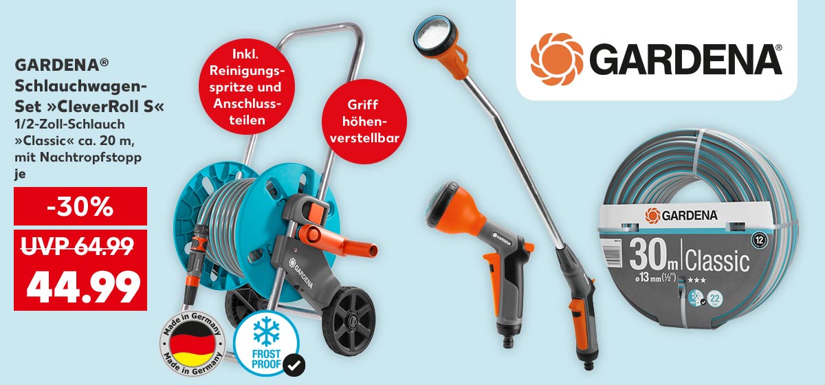 Logo: GARDENA® Schlauchwagen-Set »CleverRoll S«, 1/2-Zoll-Schlauch »Classic« ca. 20 m, mit Nachtropfstopp, je 44.99 Euro; UVP: 64.99 Euro; Logo: Made in Germany, Logo: FROST PROOF; Störer: Griff höhenverstellbar; Störer: Inkl. Reinigungsspritze und Anschlussteilen; Weitere Produktabbildungen: Gießstab »Classic«, Multibrause »Classic«, 1/2-Zoll-Schlauch »Classic«