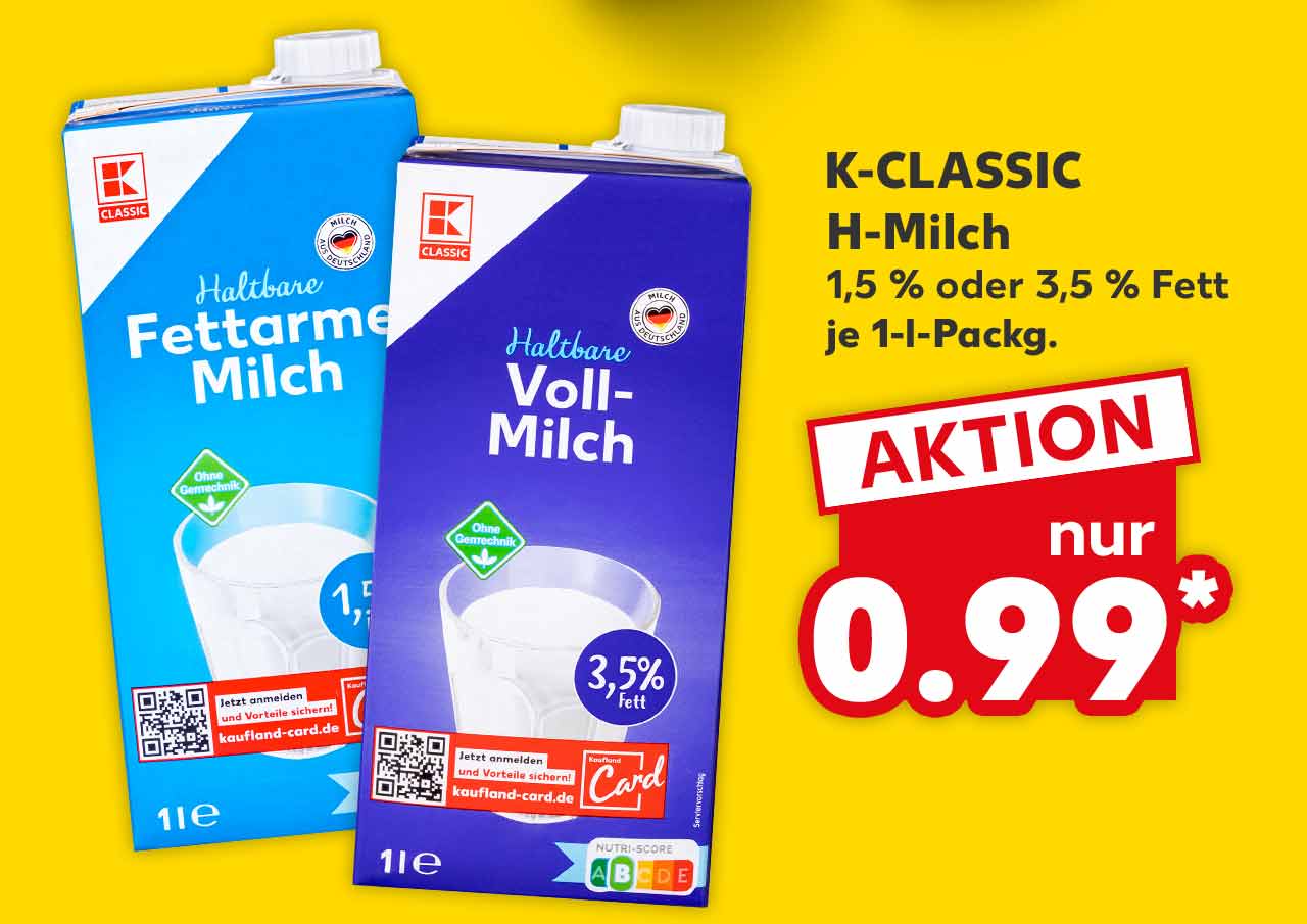 K-CLASSIC H-Milch, 1,5 % oder 3,5 % Fett, je 1-l-Packg. für 0.99 Euro* 