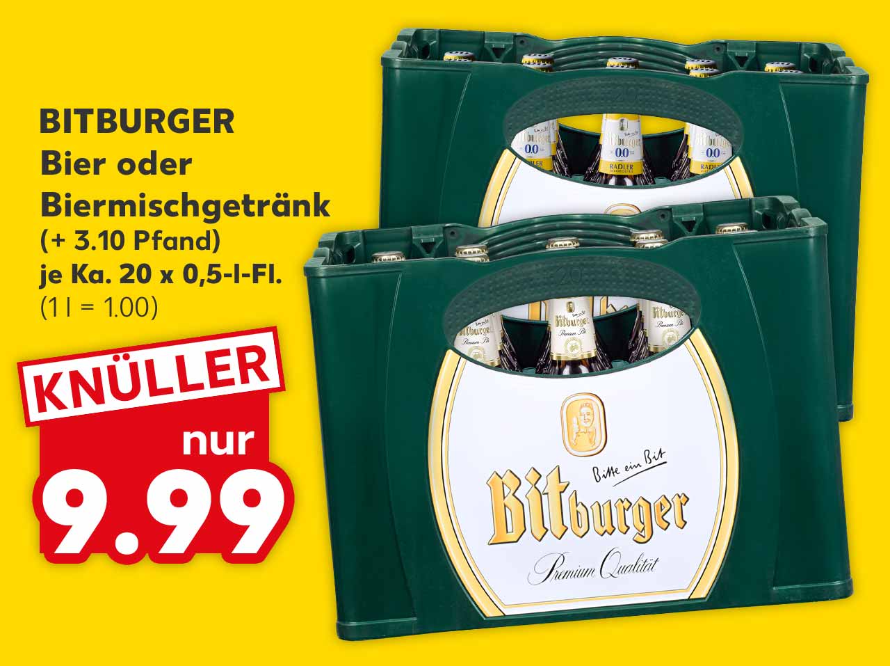 BITBURGER Bier oder Biermischgetränk, versch. Sorten, (+ 3.10 Pfand), je Ka. 20 x 0,5-l-Fl. für 9.99 Euro (1 l = 1.00)