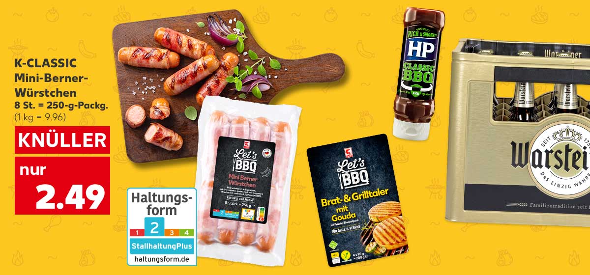 K-CLASSIC Mini-Berner-Würstchen, 8 St. = 250-g-Packg. für 2.49 Euro (1 kg = 9.96), Weitere Produktabbildungen: HEINZ HP BBQ-Sauce, WARSTEINER Premium Pilsener, K-CLASSIC Brat- und Grilltaler